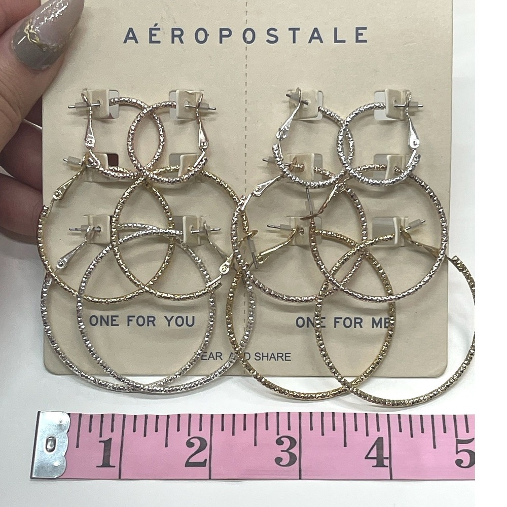 Aeropostale 6 Pair Hoop Earring Set Silver Gold Textured Diamond Cut Mixed Sizes